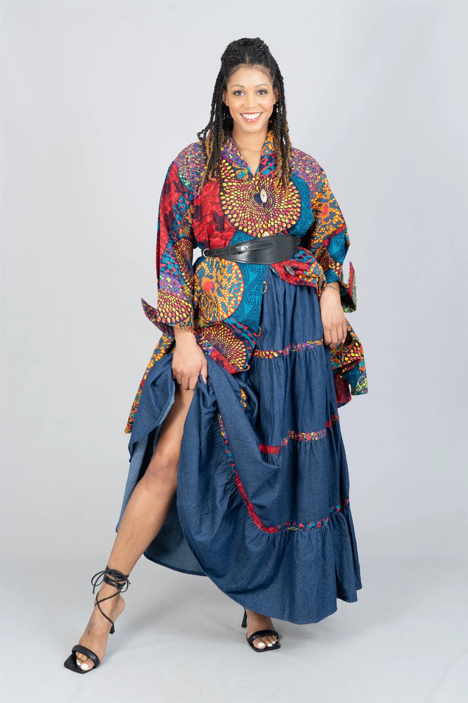 KaraChic 7780D Authentic African Print Trim Tiered Denim Maxi Skirt