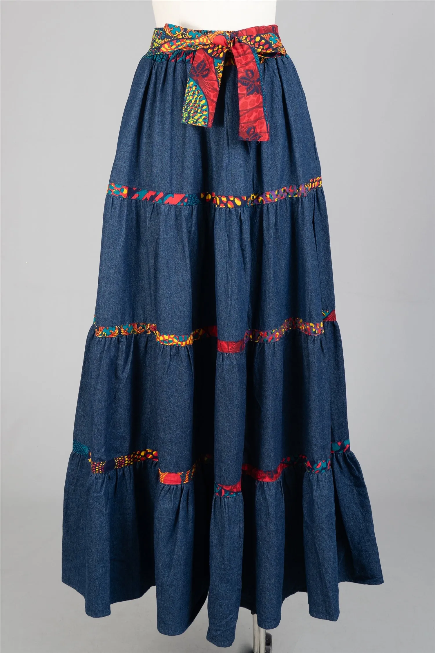 KaraChic 7780D Authentic African Print Trim Tiered Denim Maxi Skirt