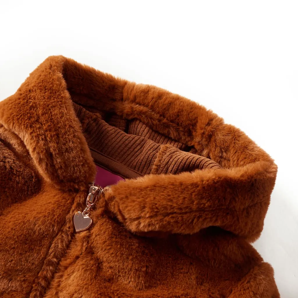 Kids' Hooded Faux Fur Jacket in Cognac, Size 116 - Warm & Stylish for Ages 5-6