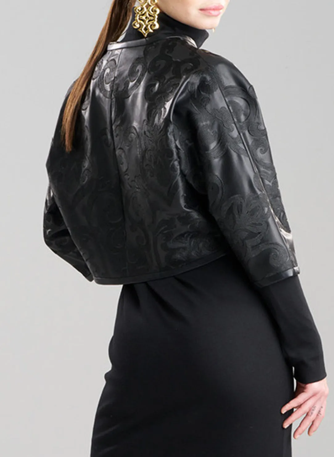 Leticia - Embroidered Faux Leather Black Cropped Jacket