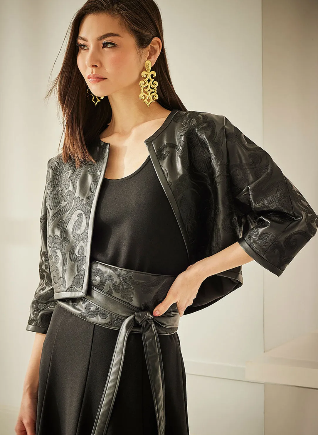 Leticia - Embroidered Faux Leather Black Cropped Jacket