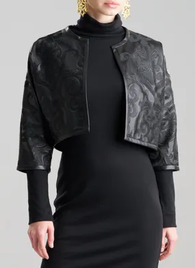 Leticia - Embroidered Faux Leather Black Cropped Jacket