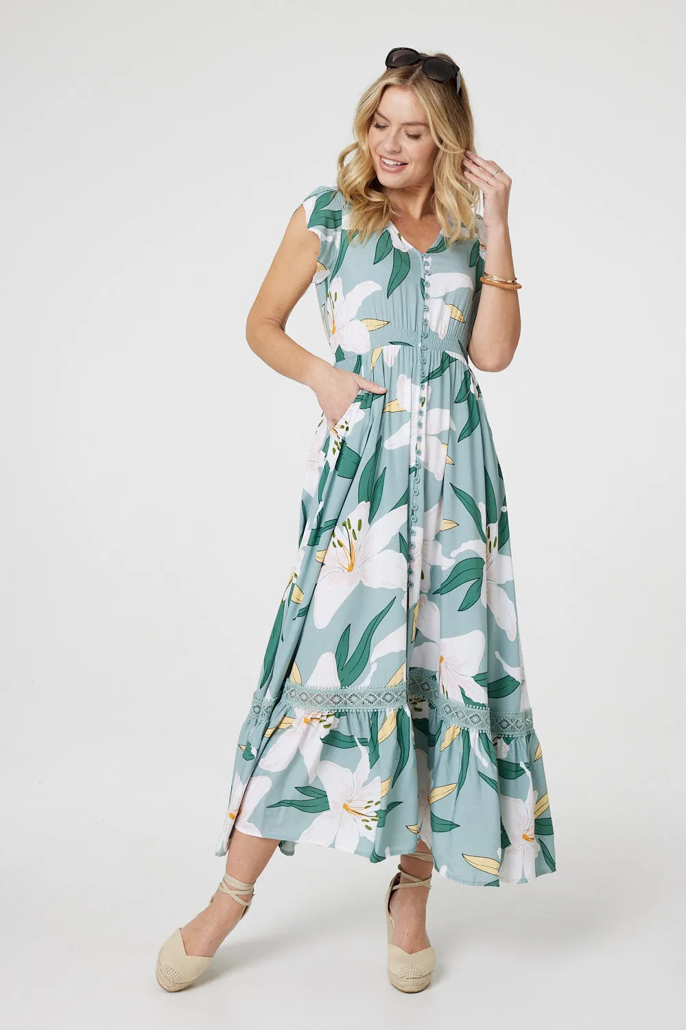 Lilly Print Lace Trim Maxi Dress