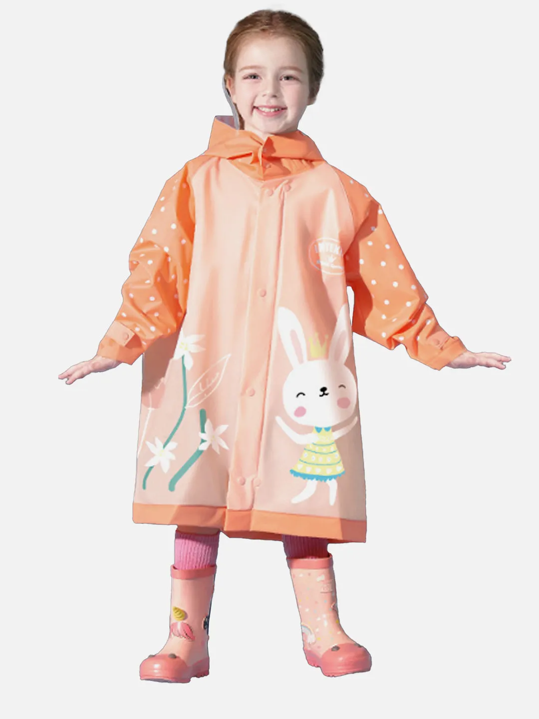 LITTLE SURPRISE BOX 3d Bunny Orange Sleeves & Hood Knee Length Raincoat for Kids