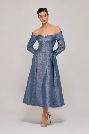 Long Sleeve Metallic Jacquard Midi Length Blue Dress