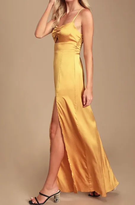 Lulus Renata Golden Yellow Print Satin Maxi Dress, Size Medium