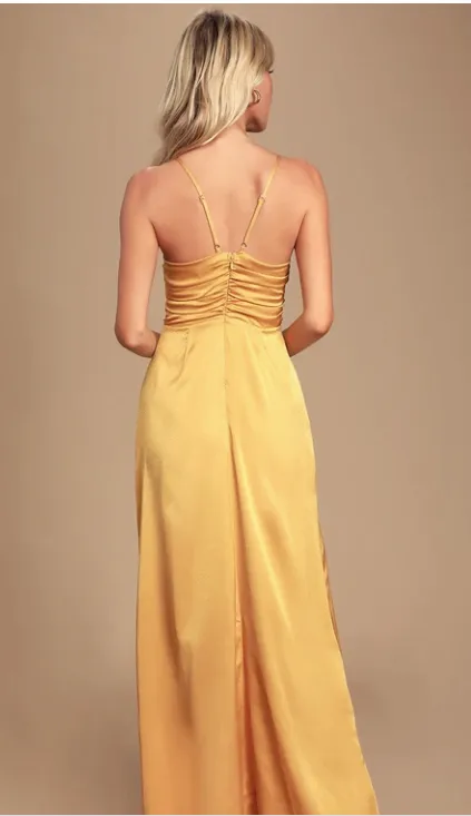 Lulus Renata Golden Yellow Print Satin Maxi Dress, Size Medium