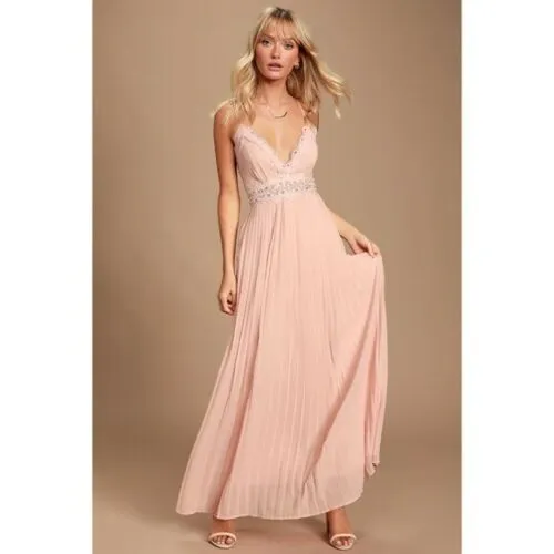 Lulus Romantic Intentions Blush Lace Pleated Backless Dress, Size Medium