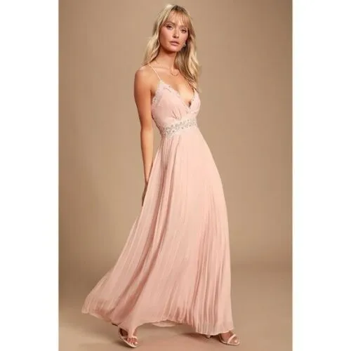 Lulus Romantic Intentions Blush Lace Pleated Backless Dress, Size Medium