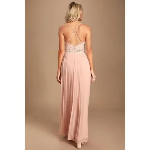 Lulus Romantic Intentions Blush Lace Pleated Backless Dress, Size Medium