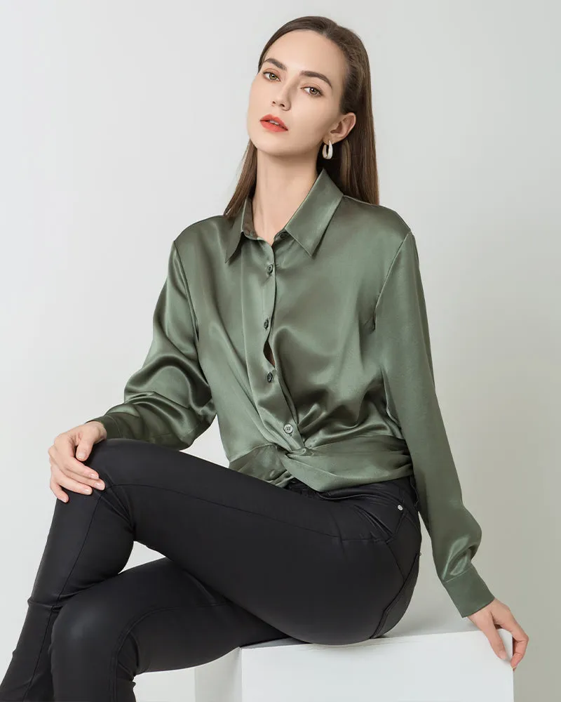 Luxury Irregular Hem Pleated Silk Blouse