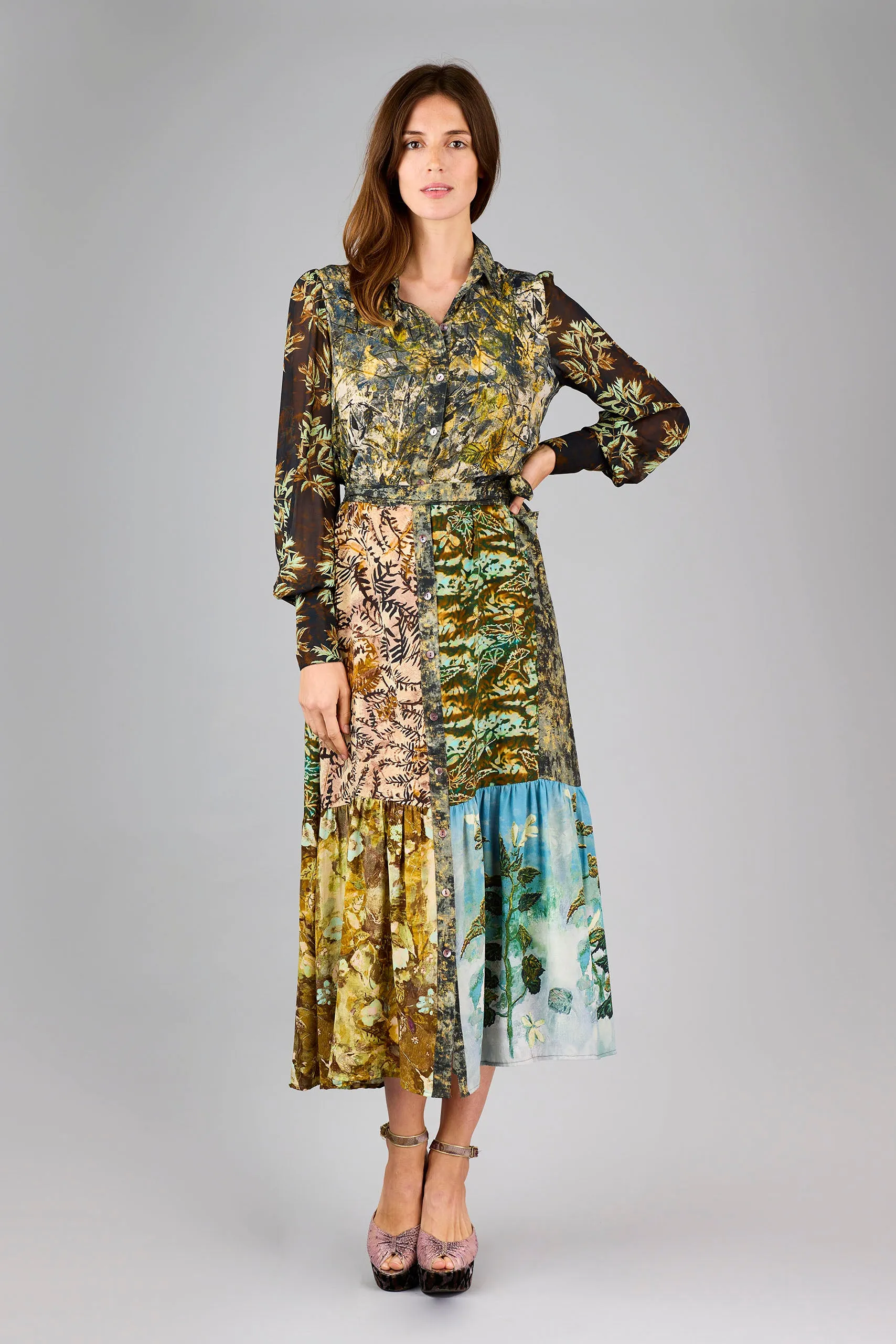 Maeve Neutral Patchwork Silk Crepe de Chine Maxi Dress