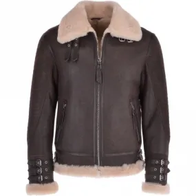 Men Brown Aviator Flying Bomber Shearling Leather Jacket