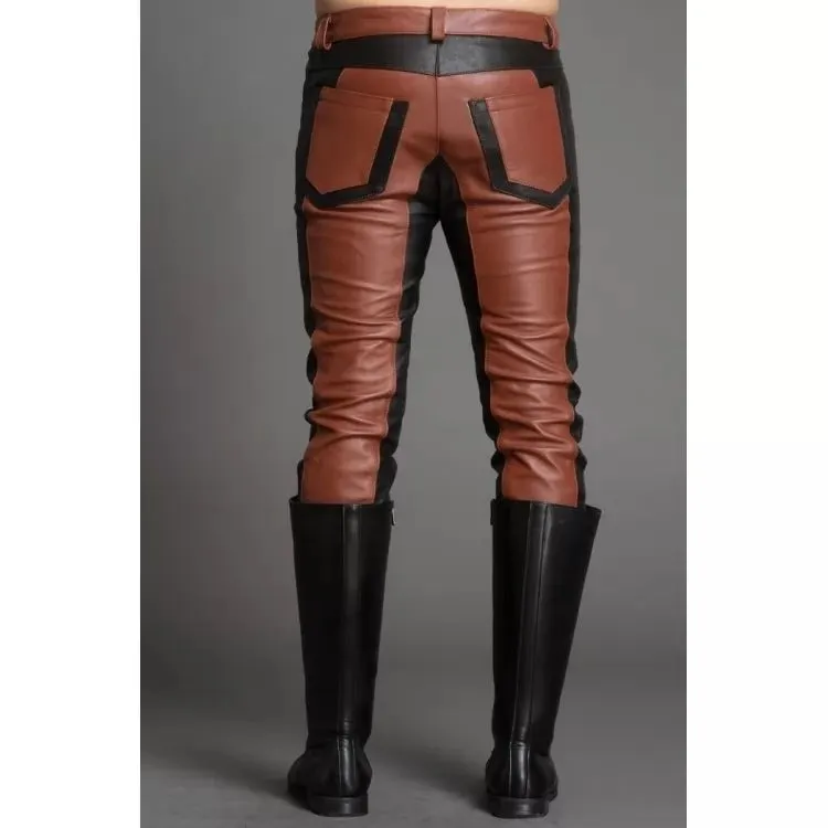 Men Fashion Contrast Color Genuine Black and Brown Leather Pants