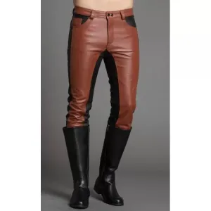 Men Fashion Contrast Color Genuine Black and Brown Leather Pants