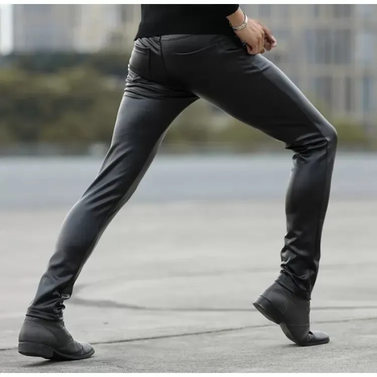 Men Fashionable Young Tight Genuine Black Leather Pants