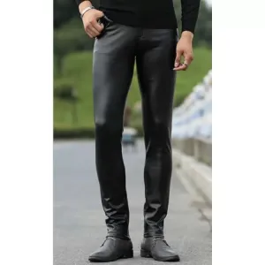 Men Fashionable Young Tight Genuine Black Leather Pants