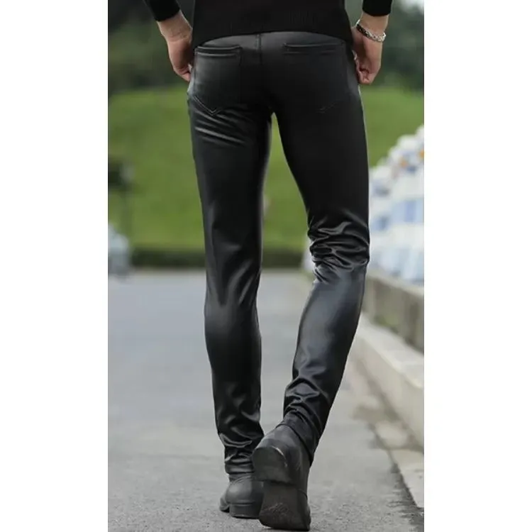 Men Fashionable Young Tight Genuine Black Leather Pants