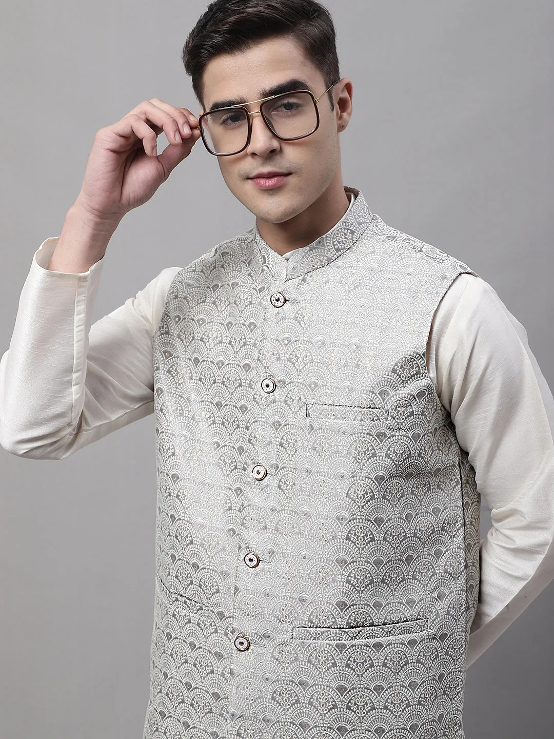 Men Grey And White Woven Design Waistcoats