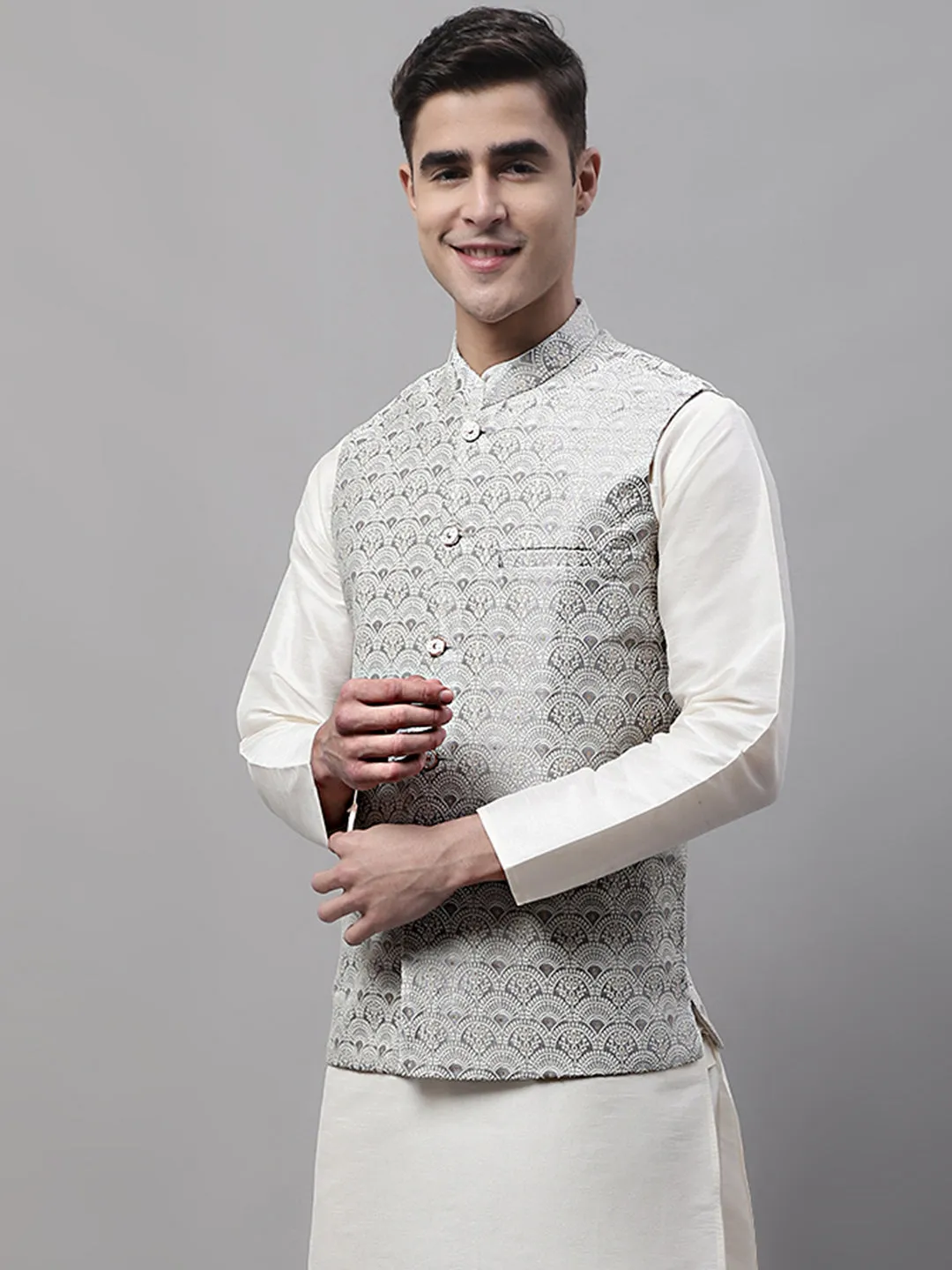 Men Grey And White Woven Design Waistcoats