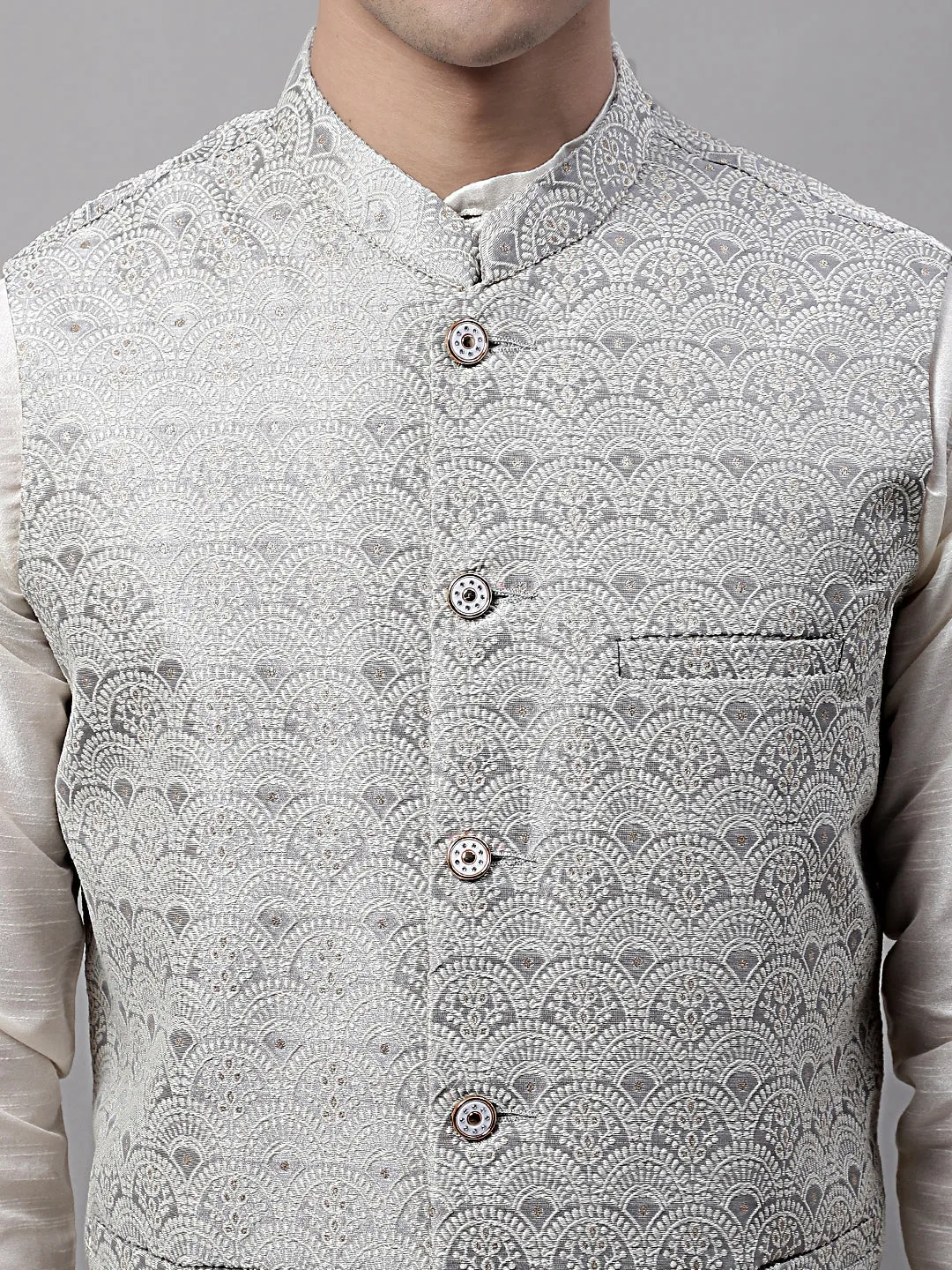 Men Grey And White Woven Design Waistcoats