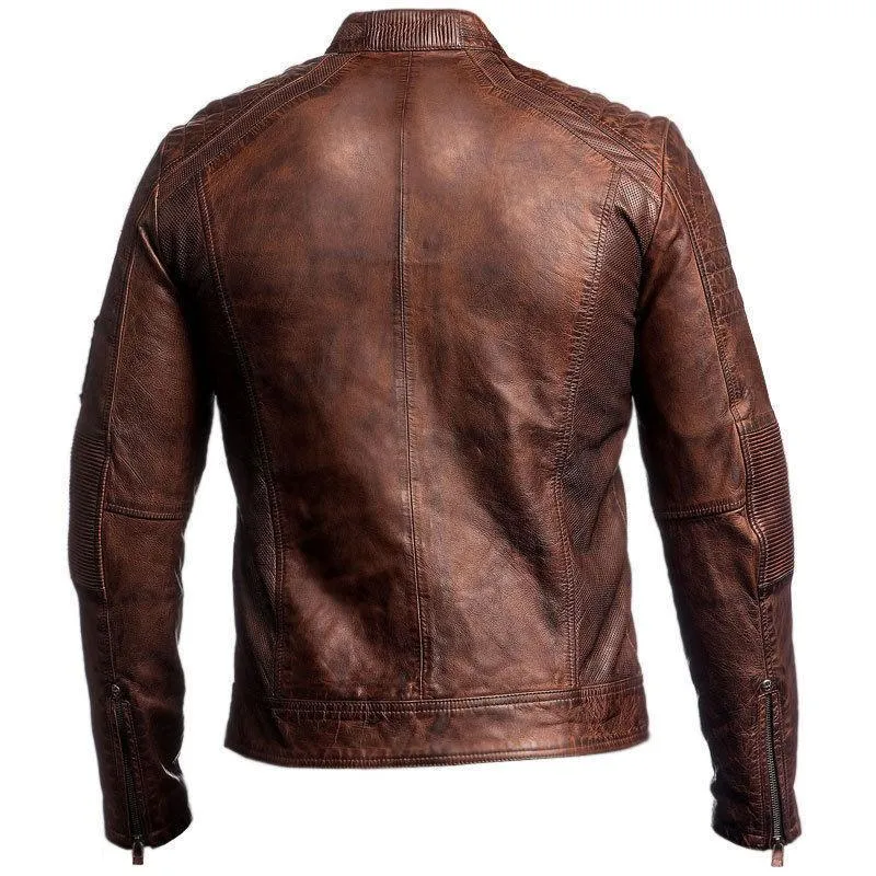 Mens Biker Vintage Distressed Brown Cafe Racer Leather Jacket