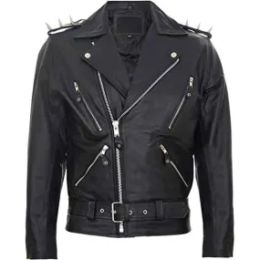 Mens Black Leather Motorcycle Jacket with Spkies Lapels