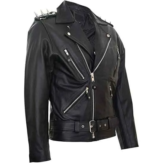 Mens Black Leather Motorcycle Jacket with Spkies Lapels