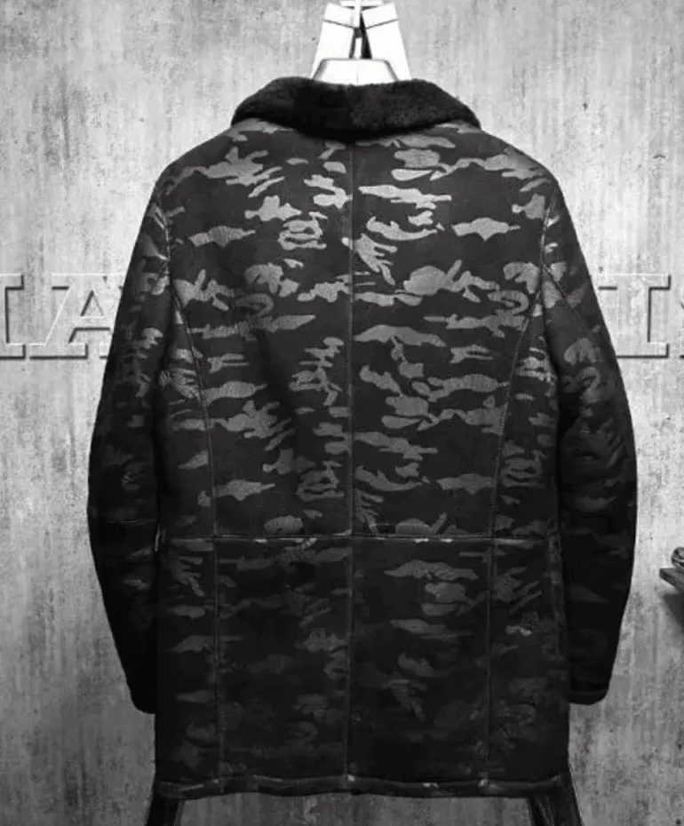 Mens RAF Black Camo Lapel Shearling Leather Coat