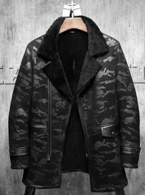 Mens RAF Black Camo Lapel Shearling Leather Coat