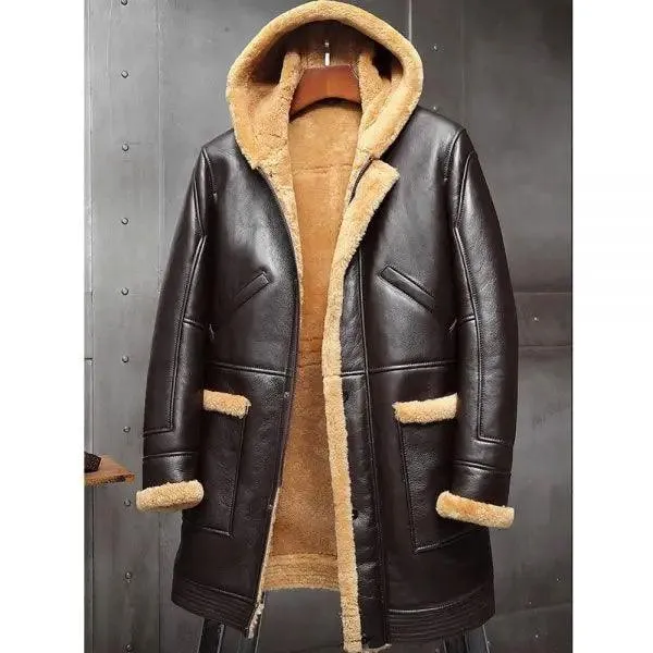 Men's Sheepskin Leather RAF Hooded Shearling Fur Long Jacket Winter Coats