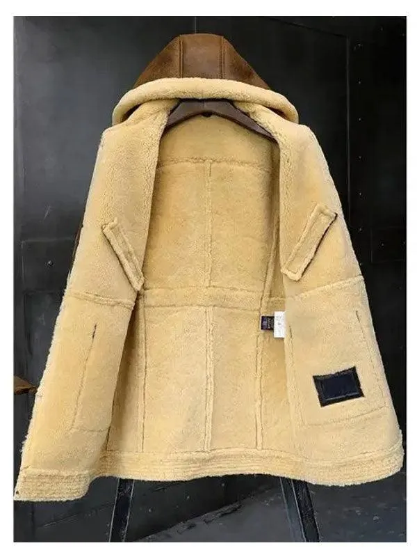 Men's Sheepskin Shearling Hooded Leather Jacket