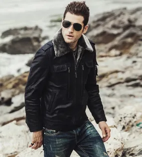 Mens Winter Black Snuff Shearling Leather Jacket