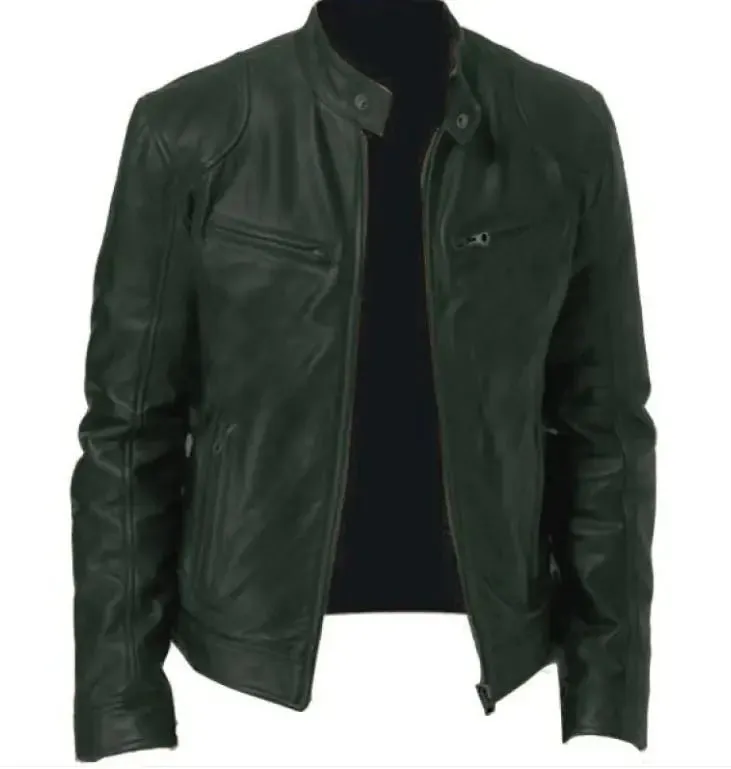 Men's Zip Cardigan PU Leather Jacket With Stand Collar