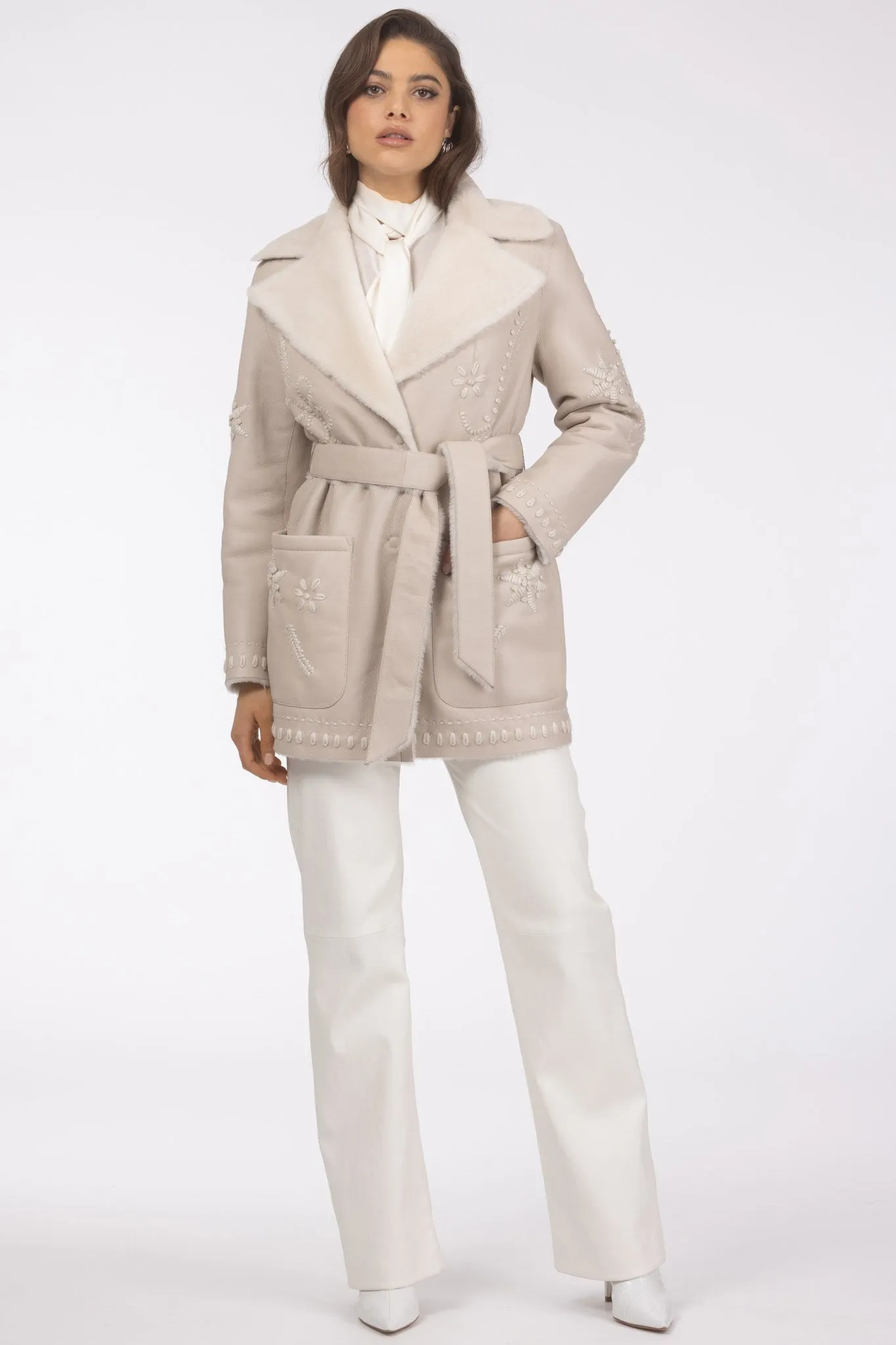 Merino Shearling Lamb Jacket with Embroidery, Belt