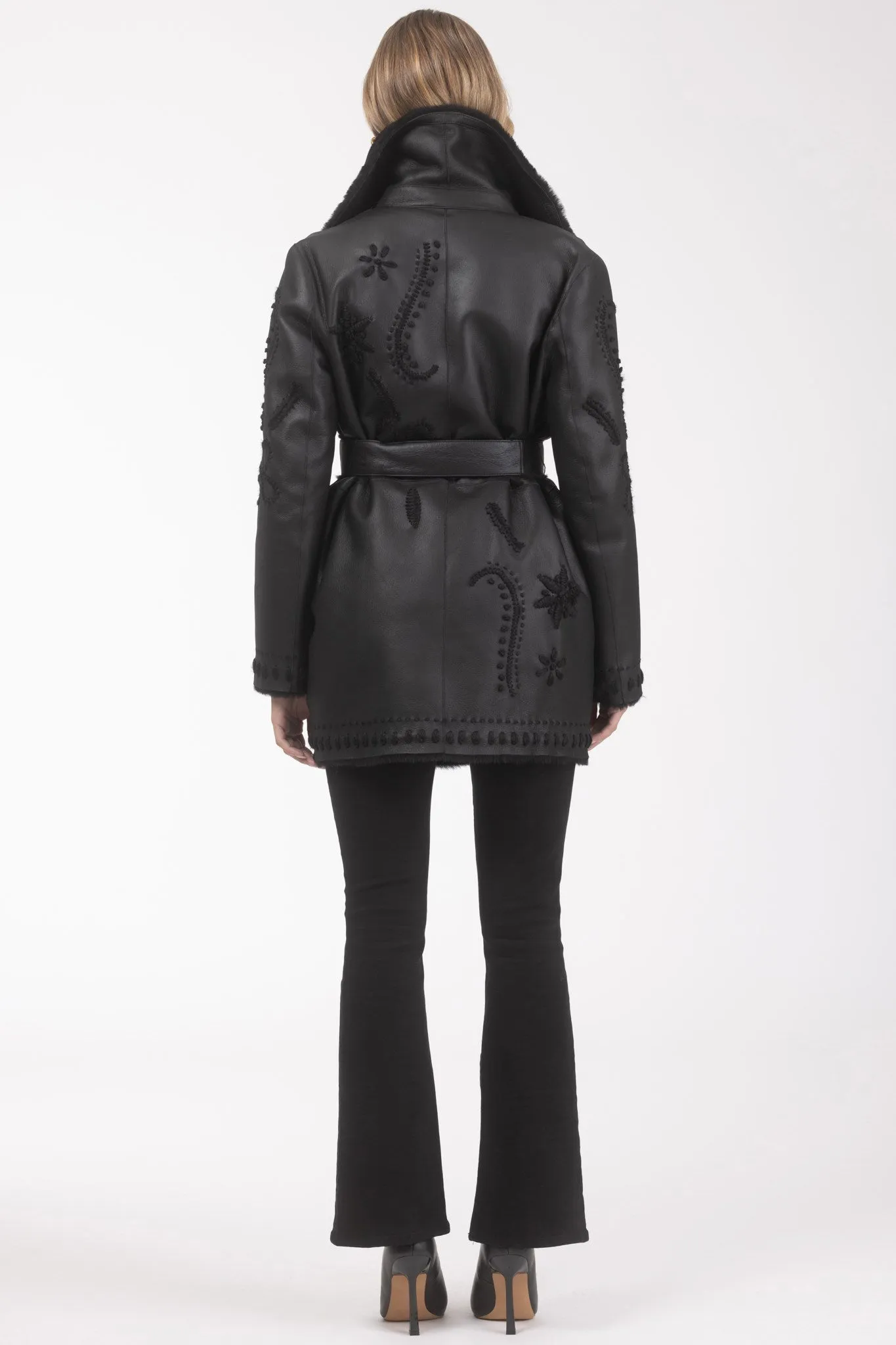 Merino Shearling Lamb Jacket with Embroidery, Belt