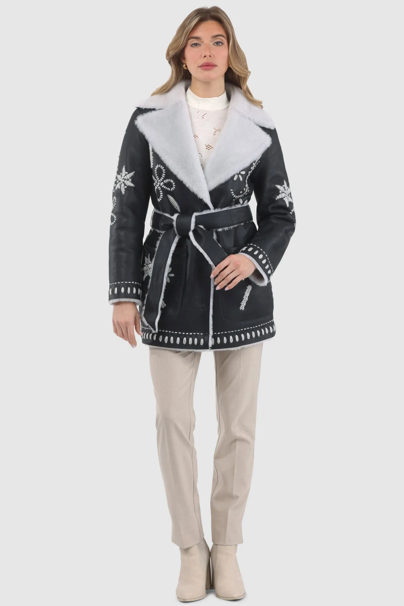 Merino Shearling Lamb Jacket with Embroidery, Belt