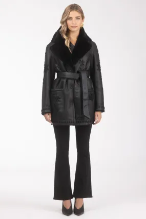 Merino Shearling Lamb Jacket with Embroidery, Belt