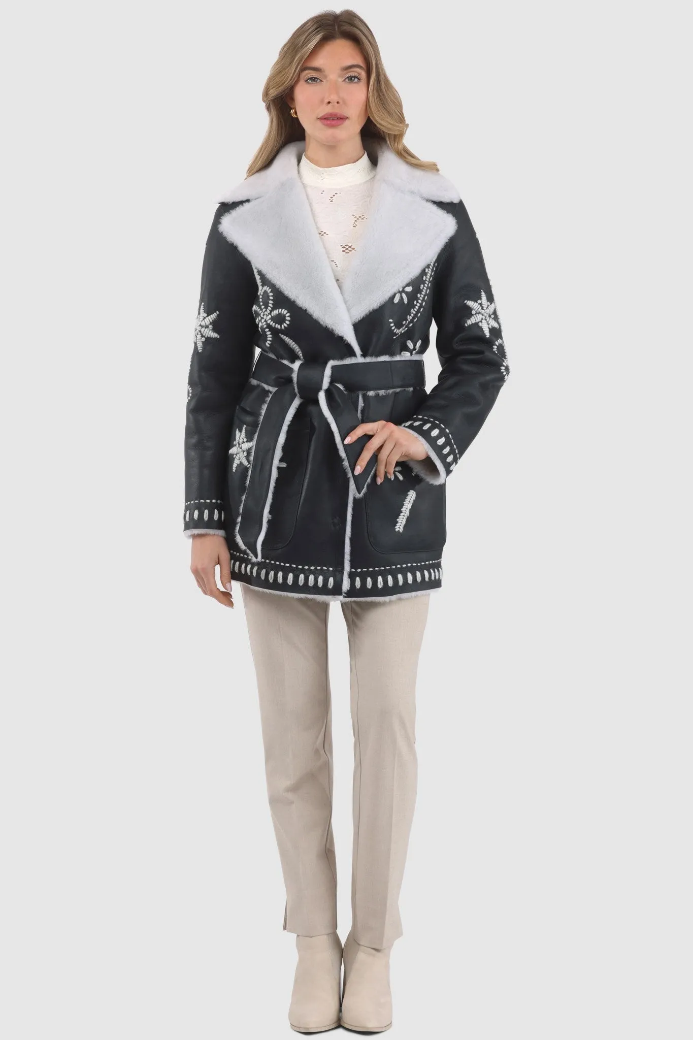 Merino Shearling Lamb Jacket with Embroidery, Belt