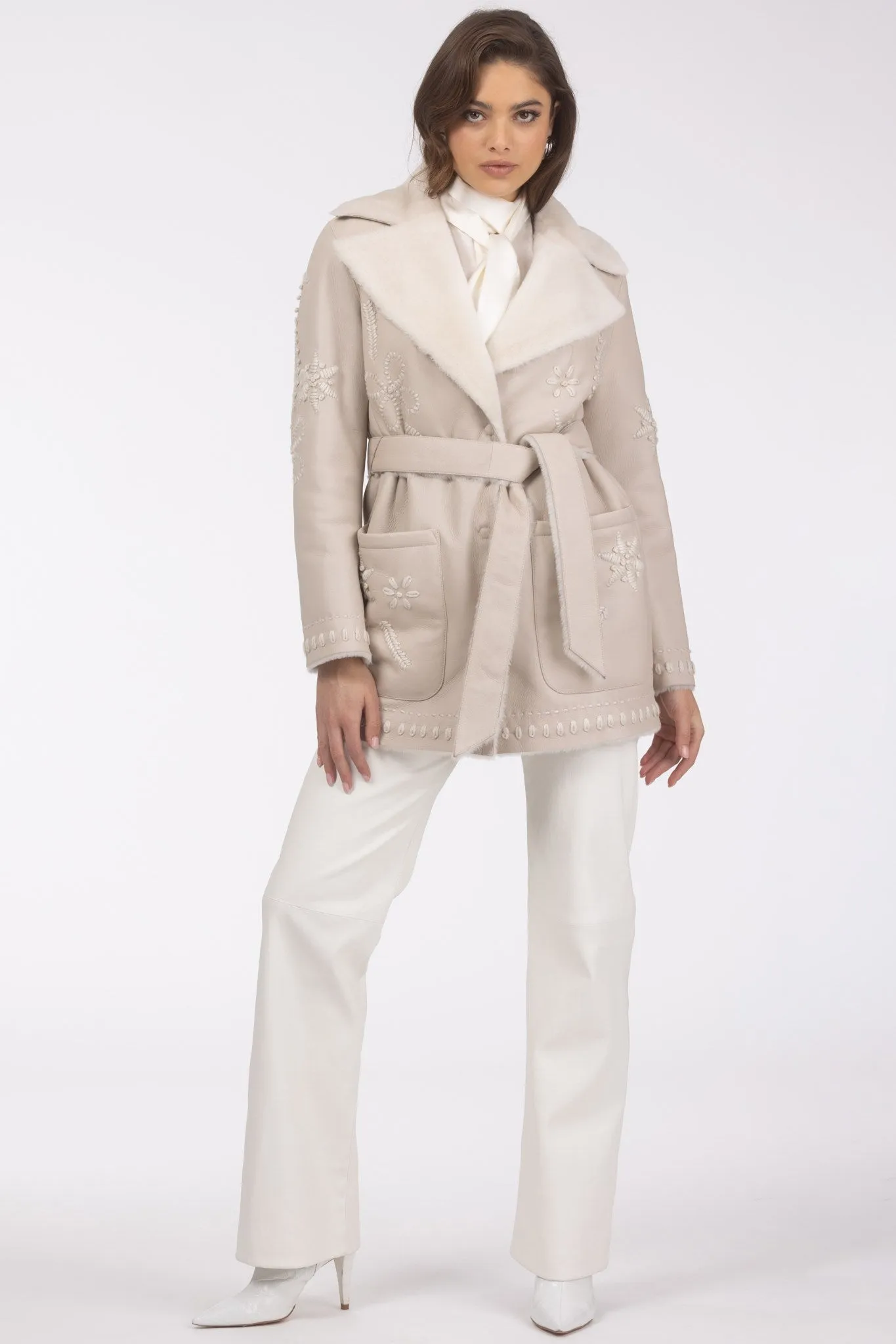 Merino Shearling Lamb Jacket with Embroidery, Belt