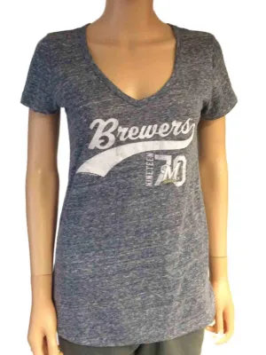 Milwaukee Brewers SAAG Women Navy Loose Soft Baseball V-Neck T-Shirt