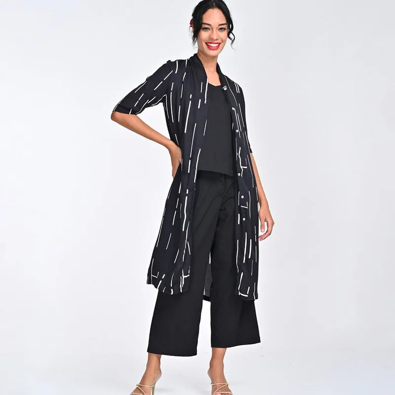 Modal Printed Co Ord Set For Women | Shirt, Top & Pant | Draped Neck | Black