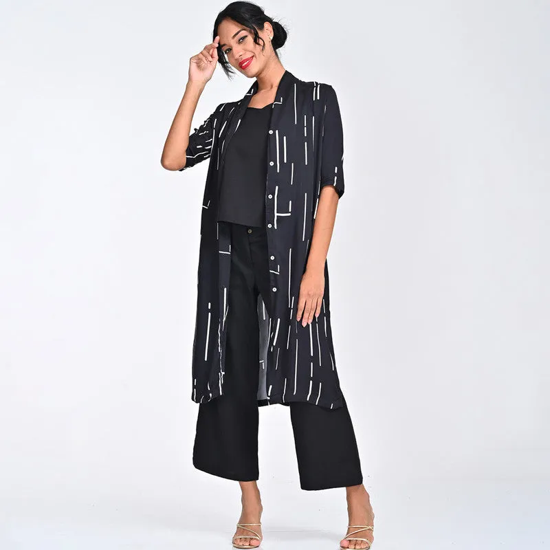 Modal Printed Co Ord Set For Women | Shirt, Top & Pant | Draped Neck | Black