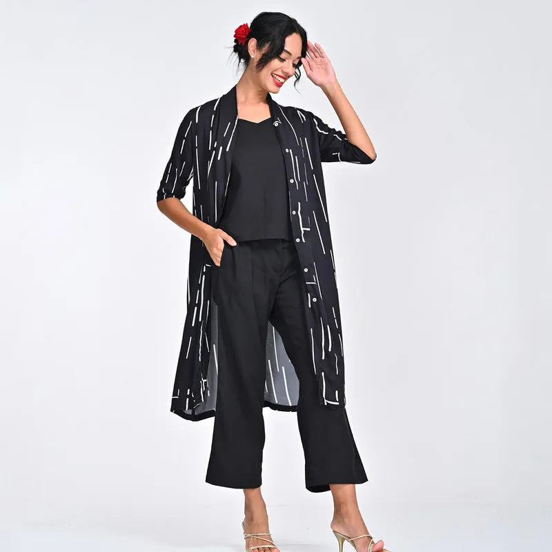 Modal Printed Co Ord Set For Women | Shirt, Top & Pant | Draped Neck | Black