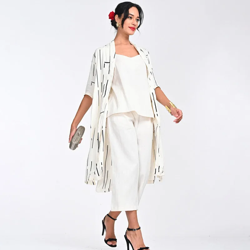 Modal Printed Co Ord Set For Women | Shirt, Top & Pant | Draped Neck | Off White