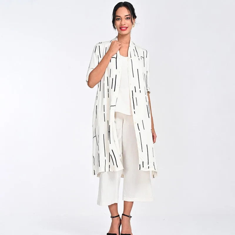 Modal Printed Co Ord Set For Women | Shirt, Top & Pant | Draped Neck | Off White