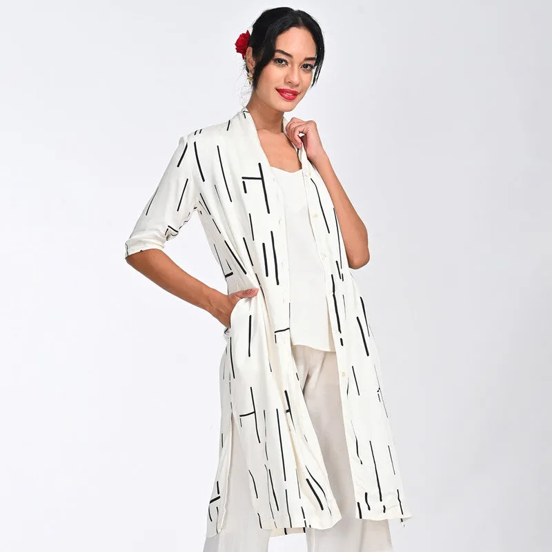 Modal Printed Shirt For Women | Draped Neck | Three-Quarter Sleeves | Off White