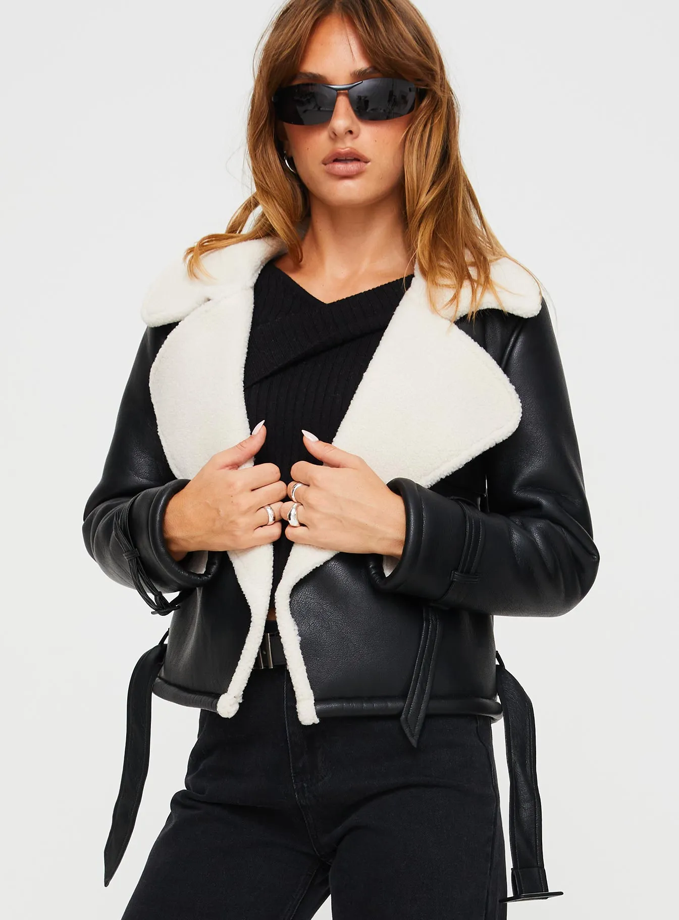 Nathalia Shearling Aviator Jacket Black