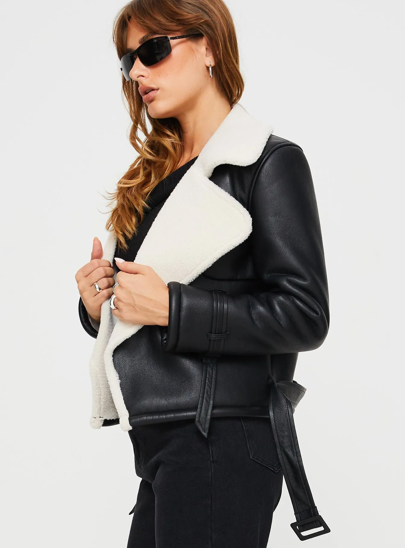 Nathalia Shearling Aviator Jacket Black