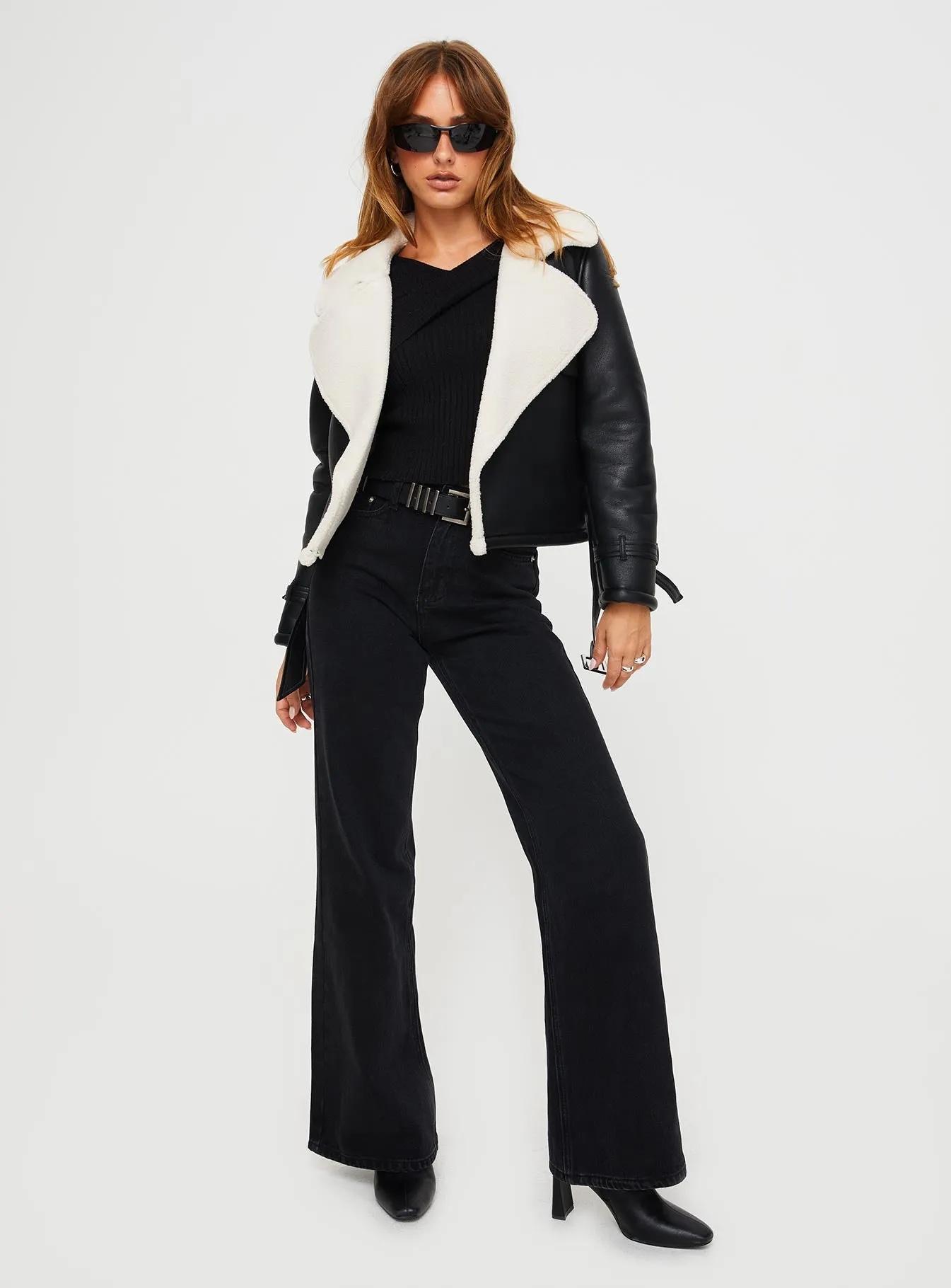 Nathalia Shearling Aviator Jacket Black